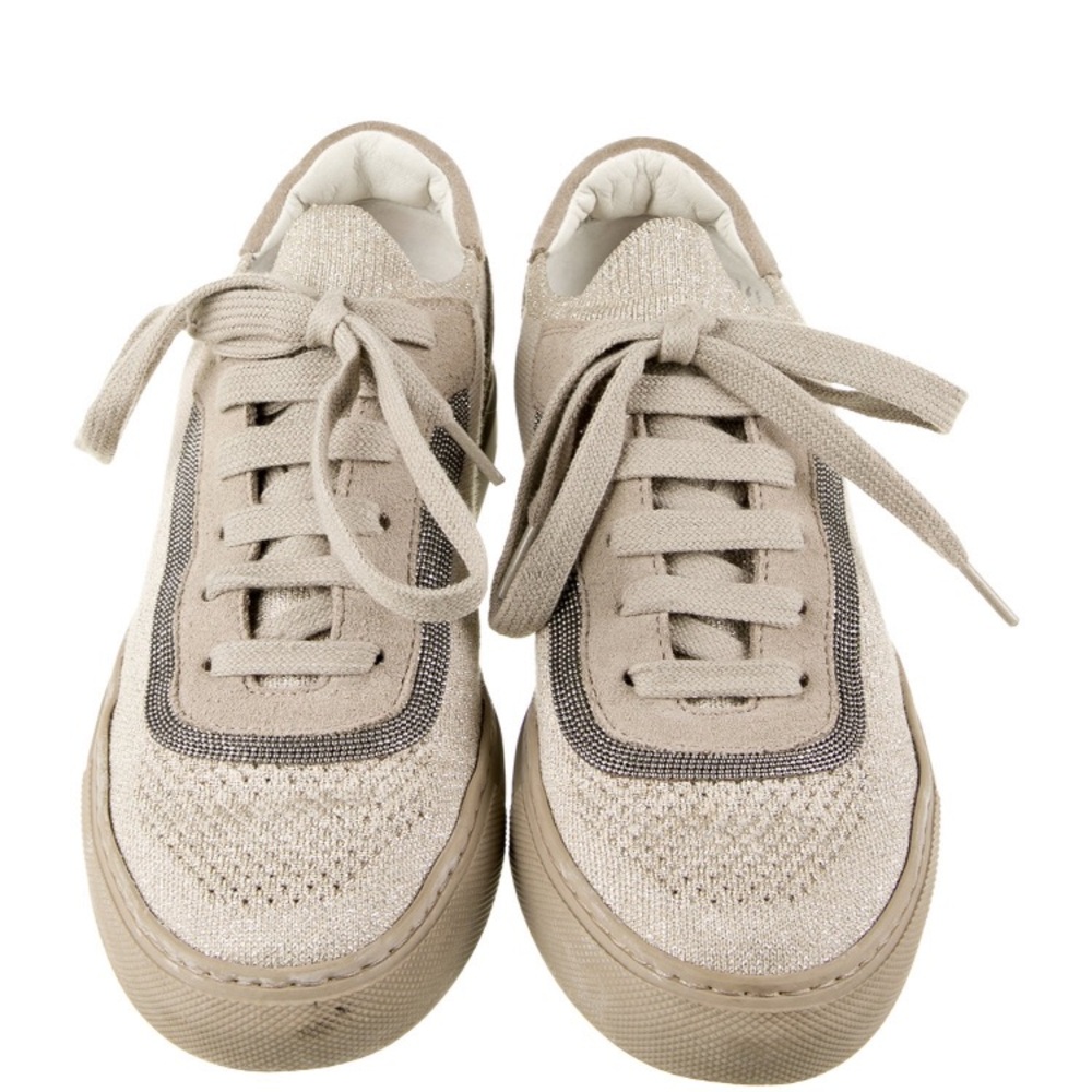 Brunello Cucinelli low top knit metallic monili suede trim sneakers